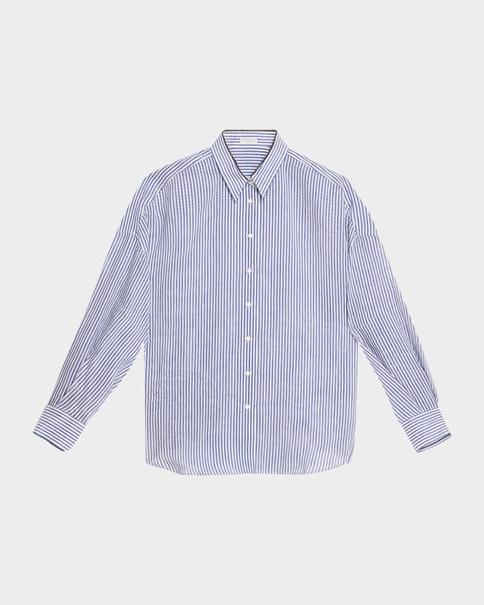Stripe Button Down Linen Shirt with Piping Coll
